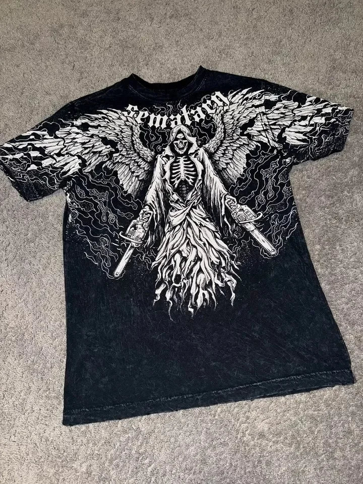 Harajuku Retro Casual Summer T shirt Female Hip Hop Elite Aesthetic Skull Pattern T shirt Gothic Cross Shirt For Men And Women
