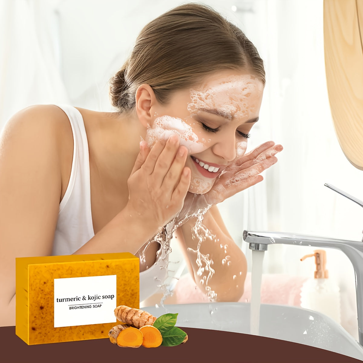 3-Pack Turmeric & Kojic Acid Soap Set with Soap Stand & Towel - Natural Brightening & Antioxidant-Rich Gel Formula for Deep Cleansing, Sensitive Light Beige Care, pH Balancing, Body & Face Use - Suitable for All Light Beige T