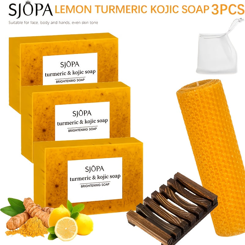 3-Pack Turmeric & Kojic Acid Soap Set with Soap Stand & Towel - Natural Brightening & Antioxidant-Rich Gel Formula for Deep Cleansing, Sensitive Light Beige Care, pH Balancing, Body & Face Use - Suitable for All Light Beige T