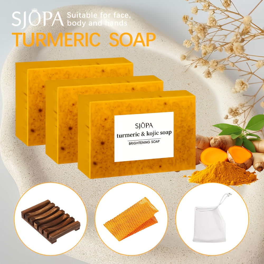 3-Pack Turmeric & Kojic Acid Soap Set with Soap Stand & Towel - Natural Brightening & Antioxidant-Rich Gel Formula for Deep Cleansing, Sensitive Light Beige Care, pH Balancing, Body & Face Use - Suitable for All Light Beige T