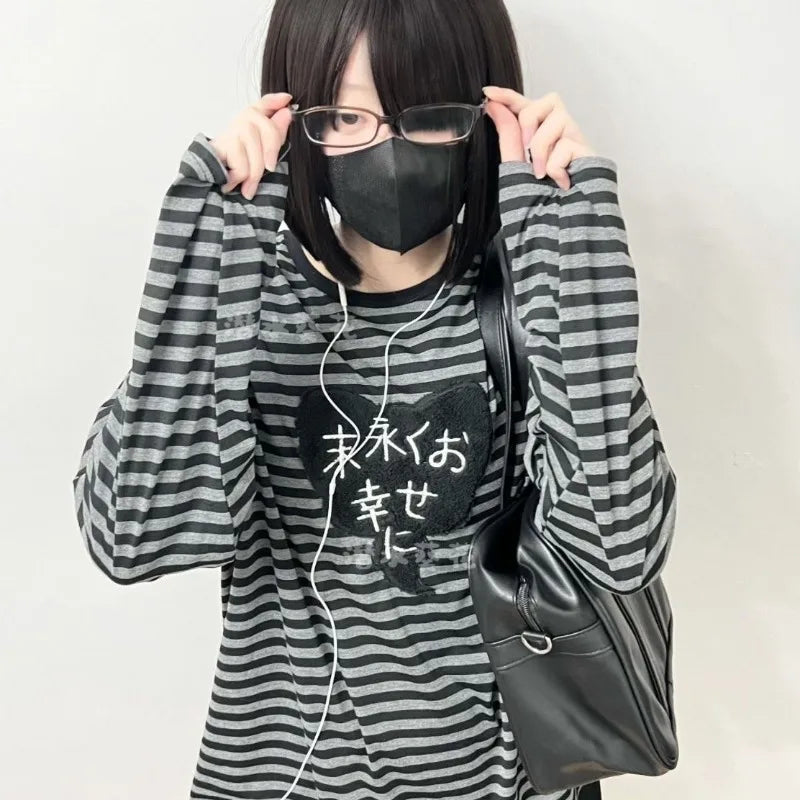 American Punk Vintage O Neck Long Sleeve Shirts All-Match Striped Design Harajuku Embroidery Tops Y2k Aesthetic High Street Tees