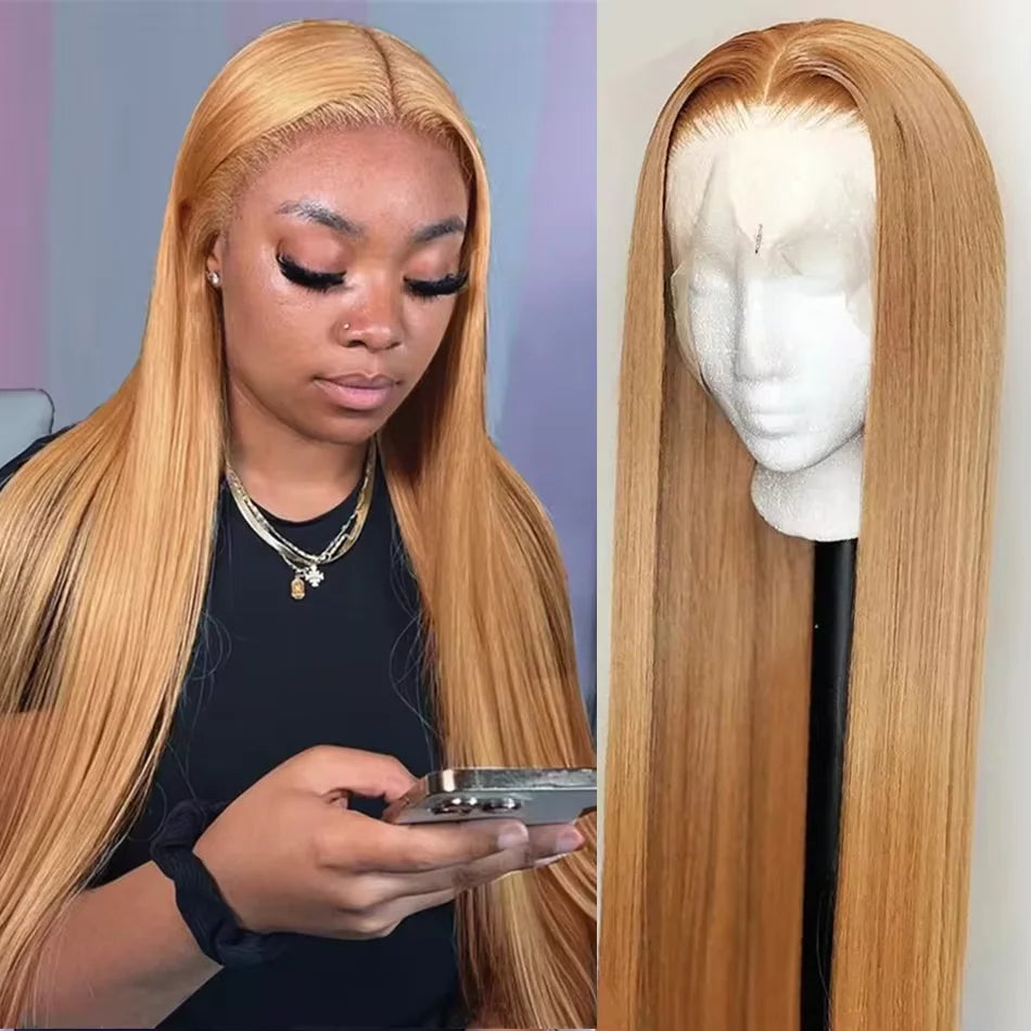 13x6 Honey Blonde HD Transparent Lace Front Wigs Human Hair #27 Colored Brazilian Bone Straight Lace Frontal Human Hair Wigs