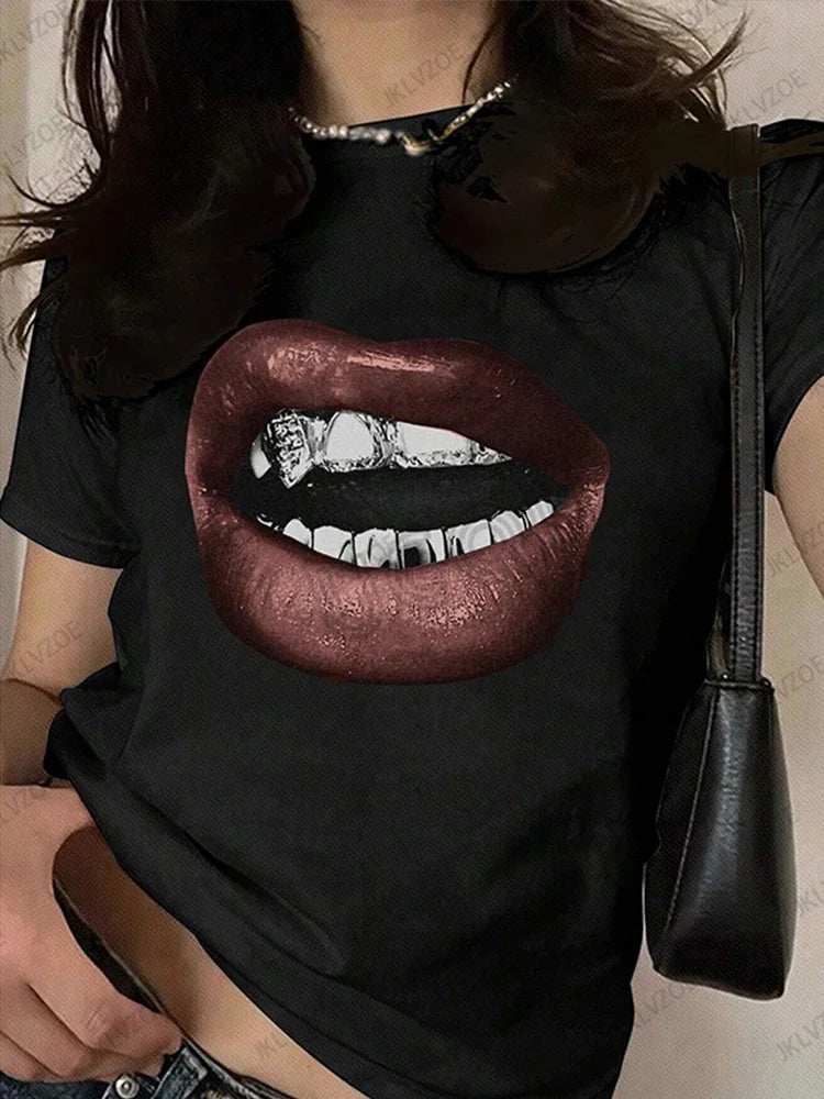 Summer Sporty T-Shirts Lip Printed Female Clothing Short Sleeve O-neck Tees Funny Women T Shirt Vintage Unisex Tops