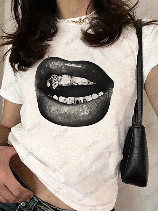Summer Sporty T-Shirts Lip Printed Female Clothing Short Sleeve O-neck Tees Funny Women T Shirt Vintage Unisex Tops