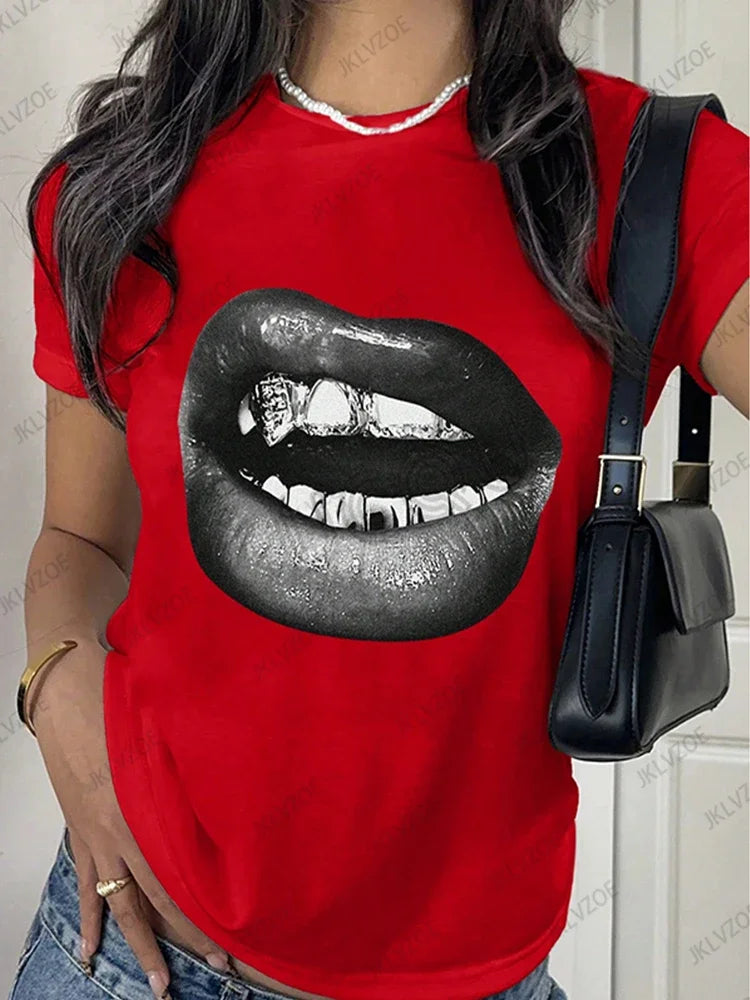 Summer Sporty T-Shirts Lip Printed Female Clothing Short Sleeve O-neck Tees Funny Women T Shirt Vintage Unisex Tops