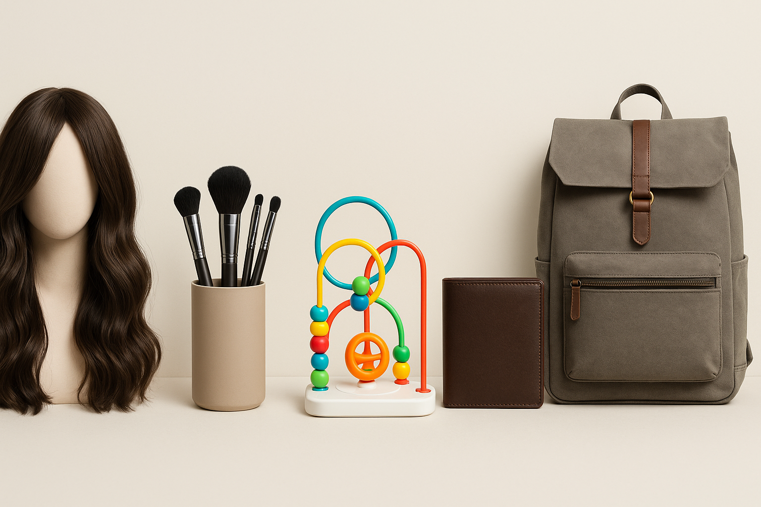 A stylish e-commerce banner of assorted products arranged on a neutral background: wigs, makeup brushes, baby toy, men’s wallet, lifestyle backpack. Minimal aesthetic, bright lighting, space for text overlay ‘Shop Now’.